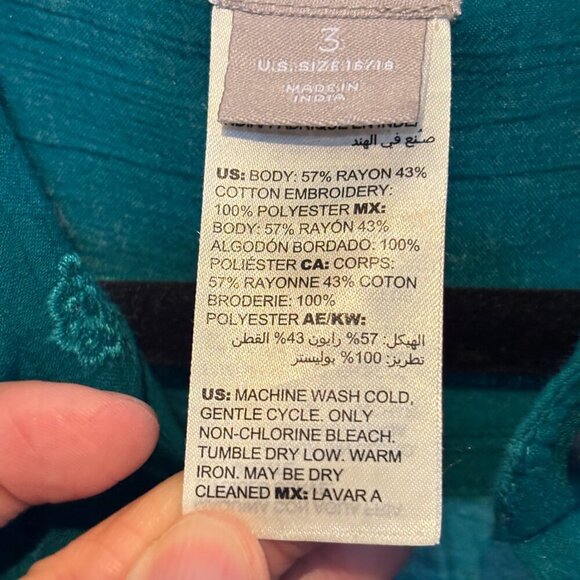 Chico's Cotton Blend Embroidered Teal Button Front Long Sleeve Tunic Top - Picture 8 of 10